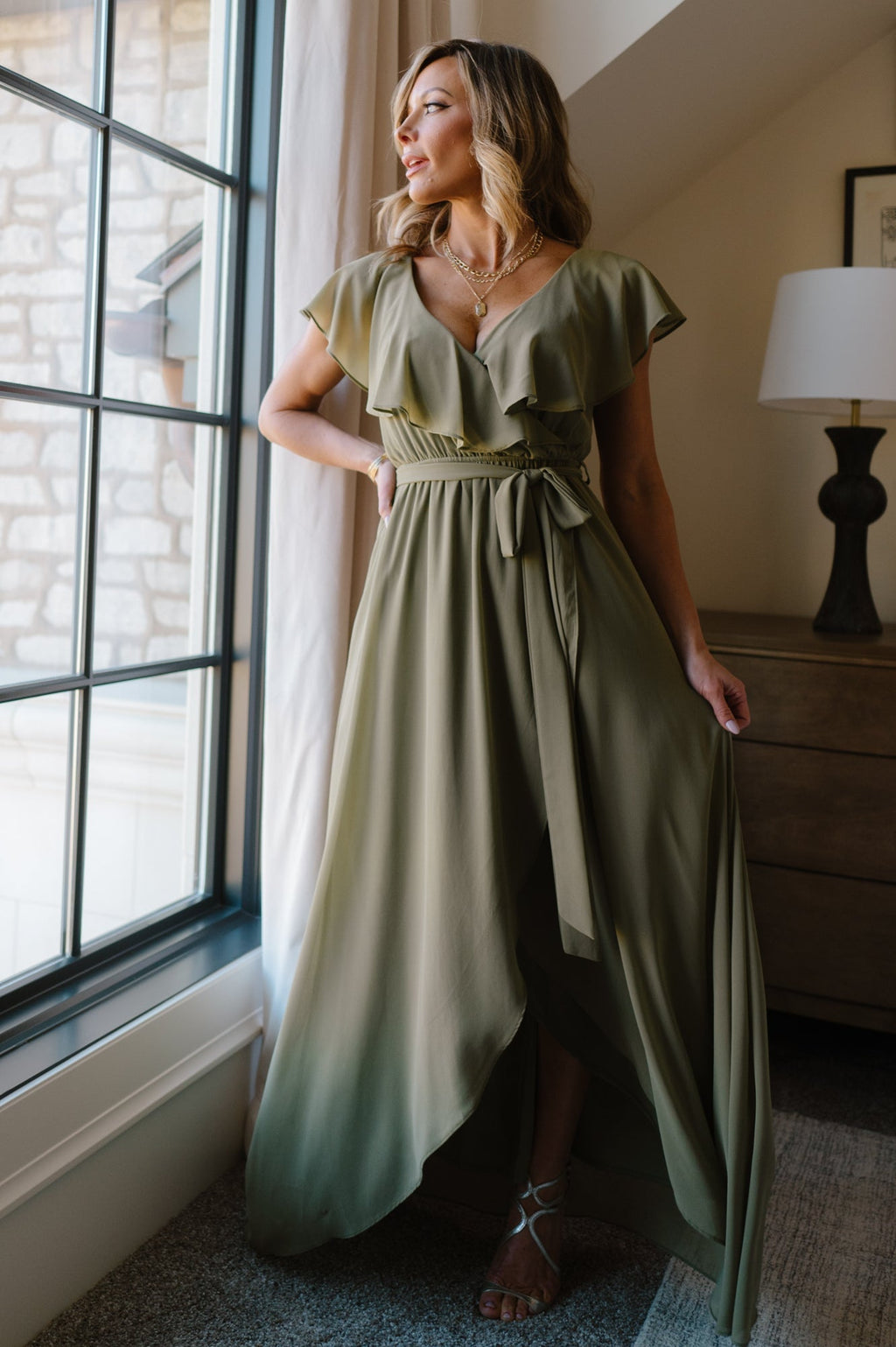Katya Ruffle Maxi Dress | Dusty Olive
